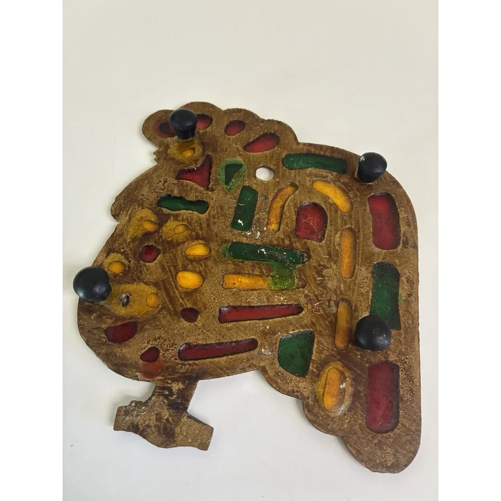 Rooster Trivet Cast Iron Stained Glass Gold‎ Tone Colorful Vintage (2)